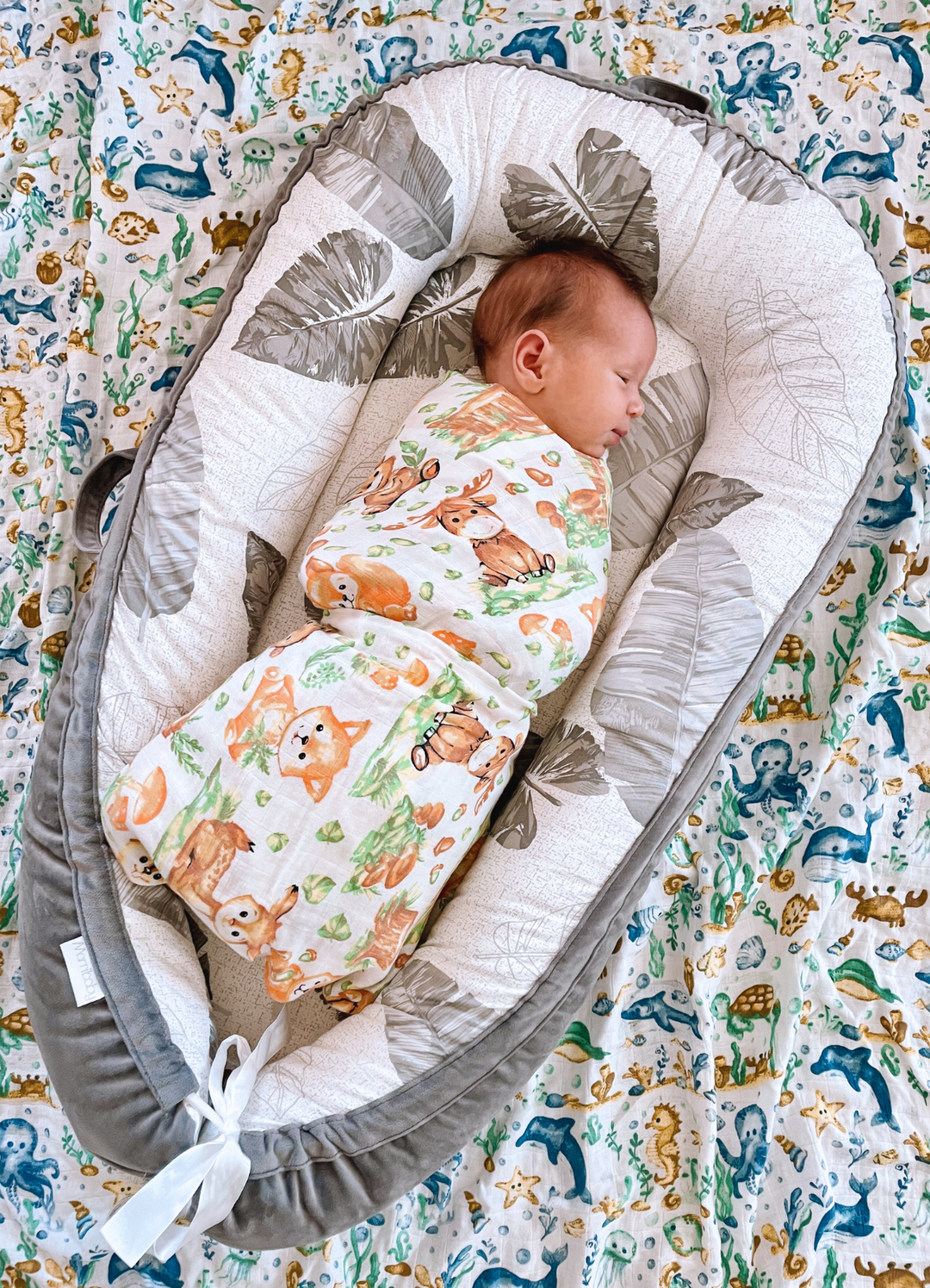 woodland and ocean life print bamboo muslin swaddle blanket set