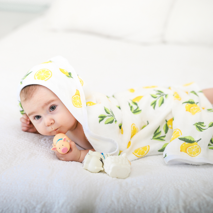 Baby Hooded Towel, Muslin-Backed, Buttery Soft Terry, Lemon Print