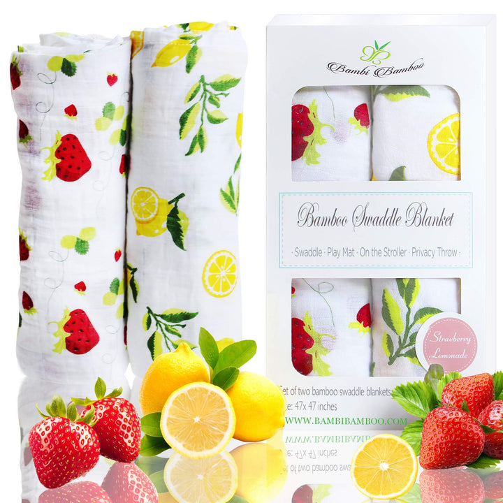 Bamboo Viscose Muslin Swaddle Blanket Set of 2, Lemon and Strawberry Prints